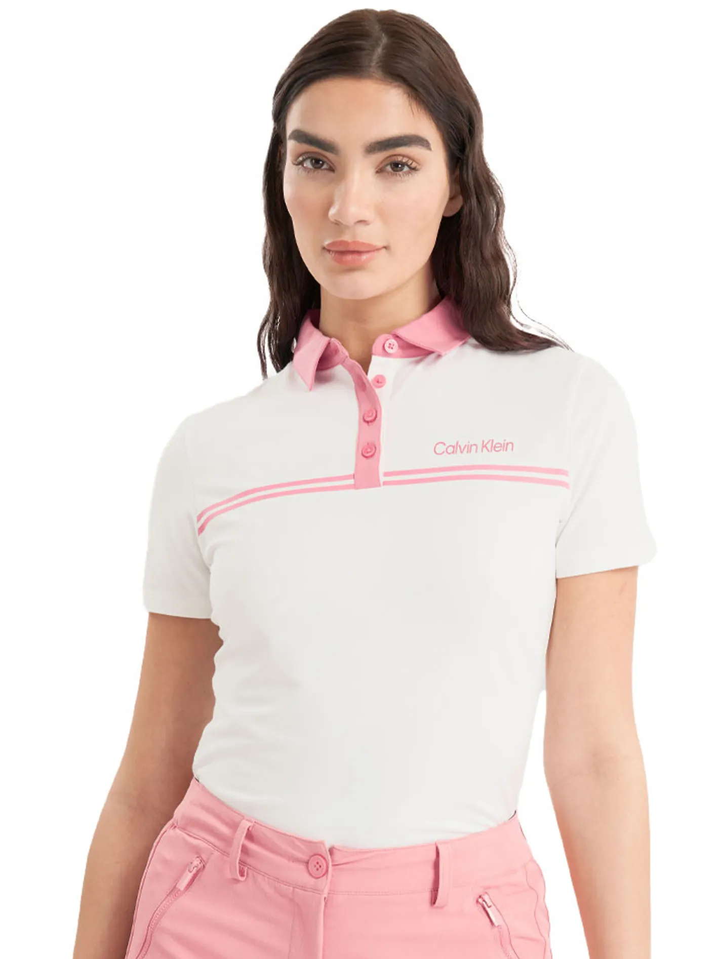 Women Calvin Klein Womens Bellevue Polo Shirt - White/Powder Pink