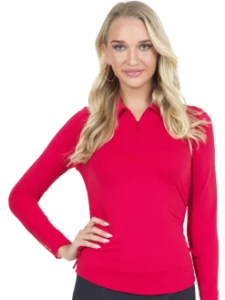 Women IBKUL Adjustable Long Sleeve Zip Polo - Red