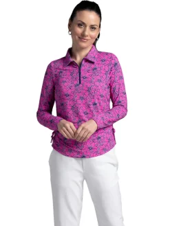Women IBKUL Diana Print Long Sleeve Zip Polo - Hot Pink/Navy