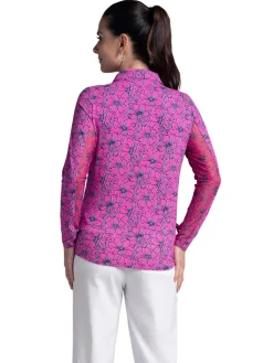 Women IBKUL Diana Print Long Sleeve Zip Polo - Hot Pink/Navy