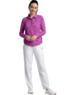 Women IBKUL Diana Print Long Sleeve Zip Polo - Hot Pink/Navy