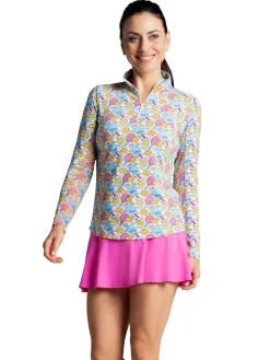 Women IBKUL Game On Print Long Sleeve Mock Neck Top - Raspberry/Turquoise