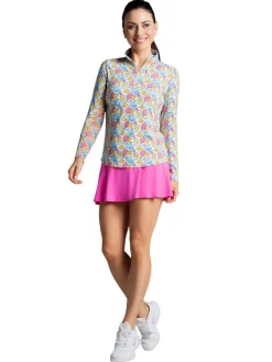 Women IBKUL Game On Print Long Sleeve Mock Neck Top - Raspberry/Turquoise