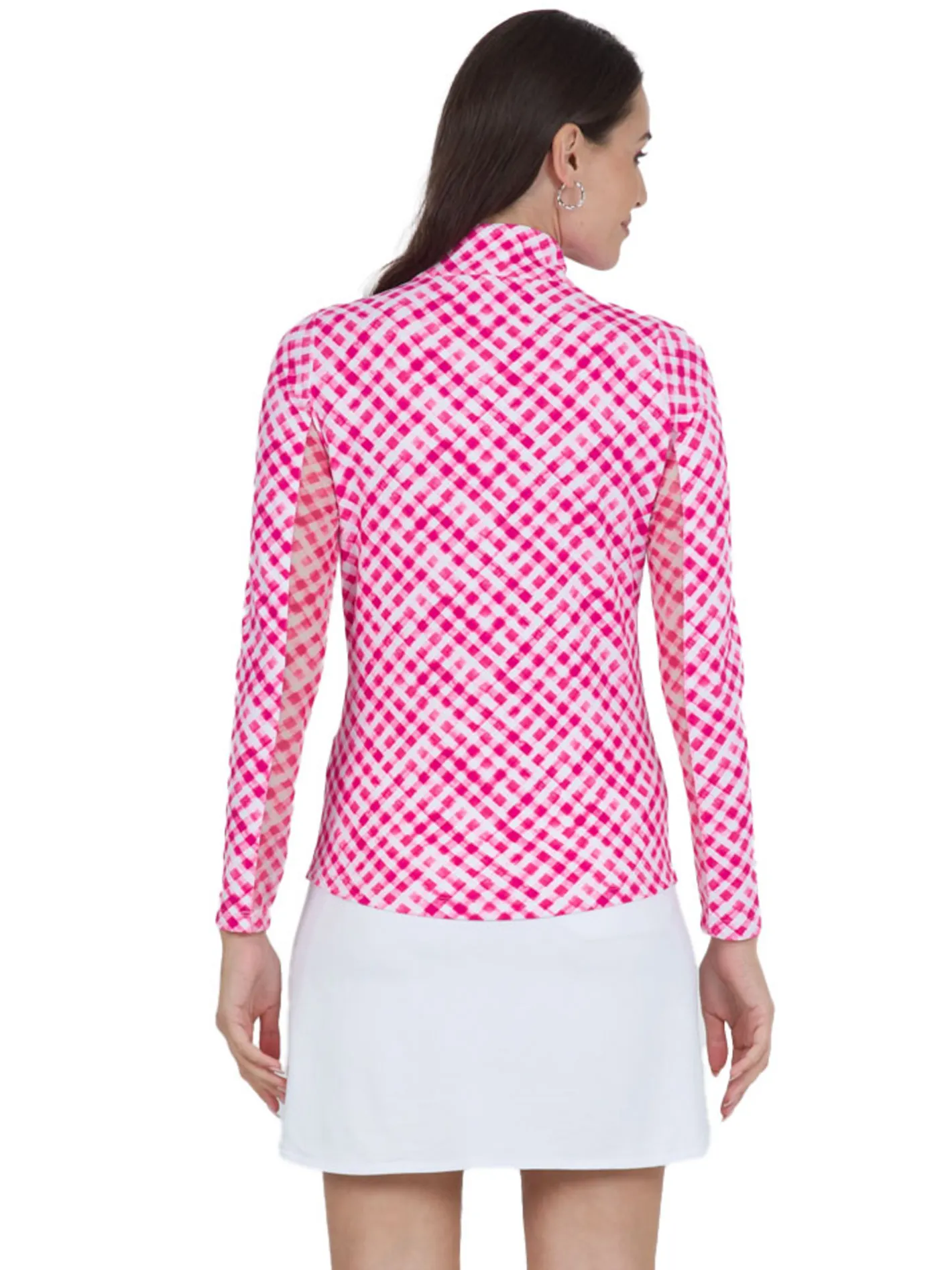 Women IBKUL Gingham Check Long Sleeve Mock Neck Top - Hot Pink/White