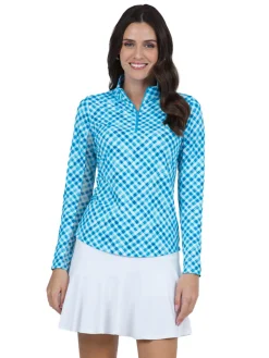 Women IBKUL Gingham Check Long Sleeve Mock Neck Top - Turquoise/White
