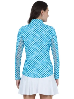 Women IBKUL Gingham Check Long Sleeve Mock Neck Top - Turquoise/White