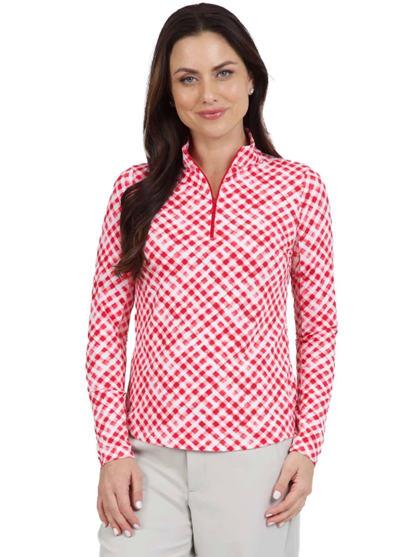 Women IBKUL Gingham Check Long Sleeve Mock Neck Top - Red/White