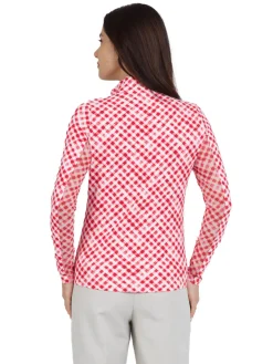 Women IBKUL Gingham Check Long Sleeve Mock Neck Top - Red/White