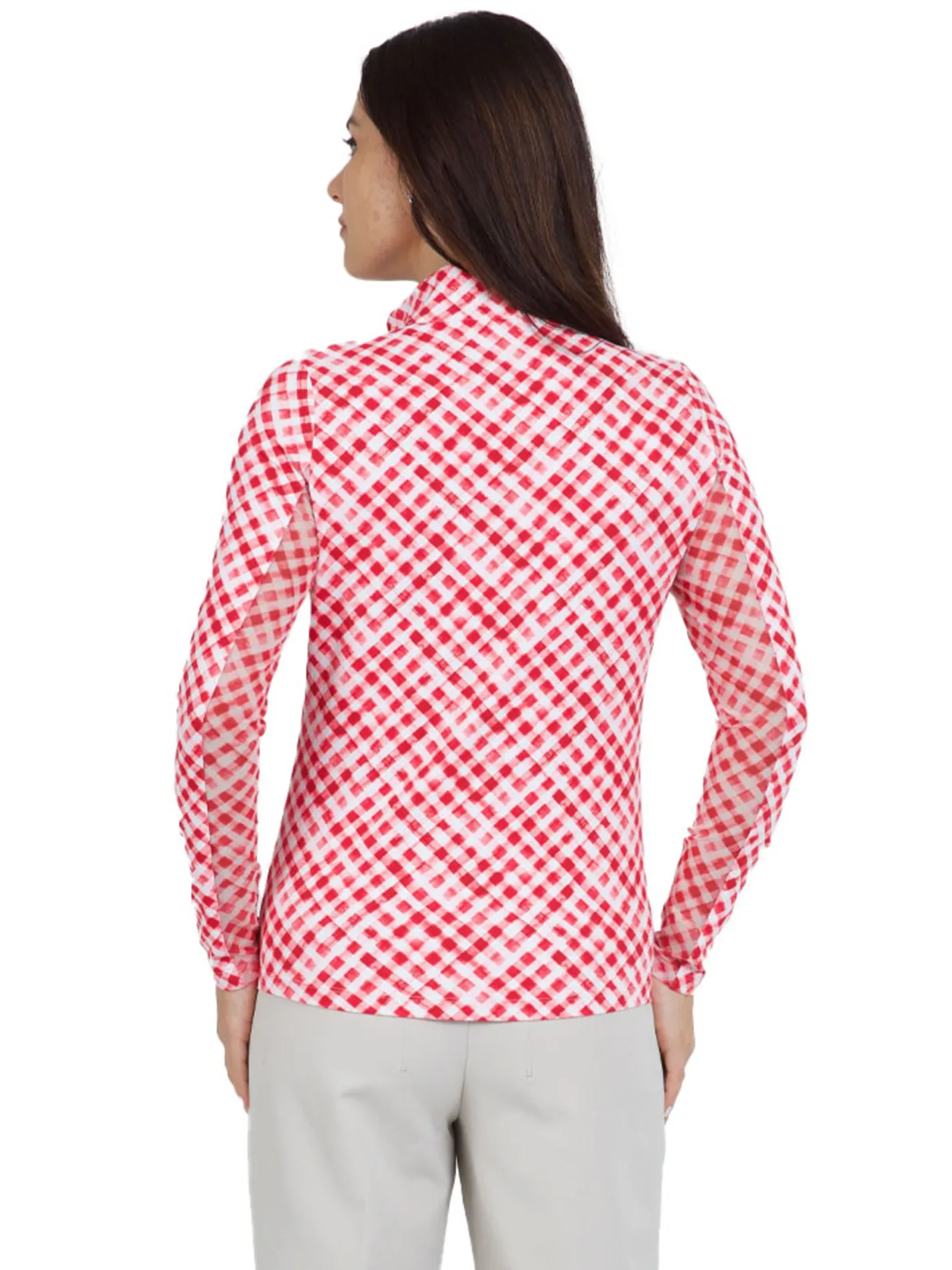 Women IBKUL Gingham Check Long Sleeve Mock Neck Top - Red/White
