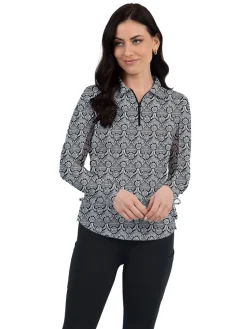 Women IBKUL Leslie Print Long Sleeve Zip Polo - Black/White