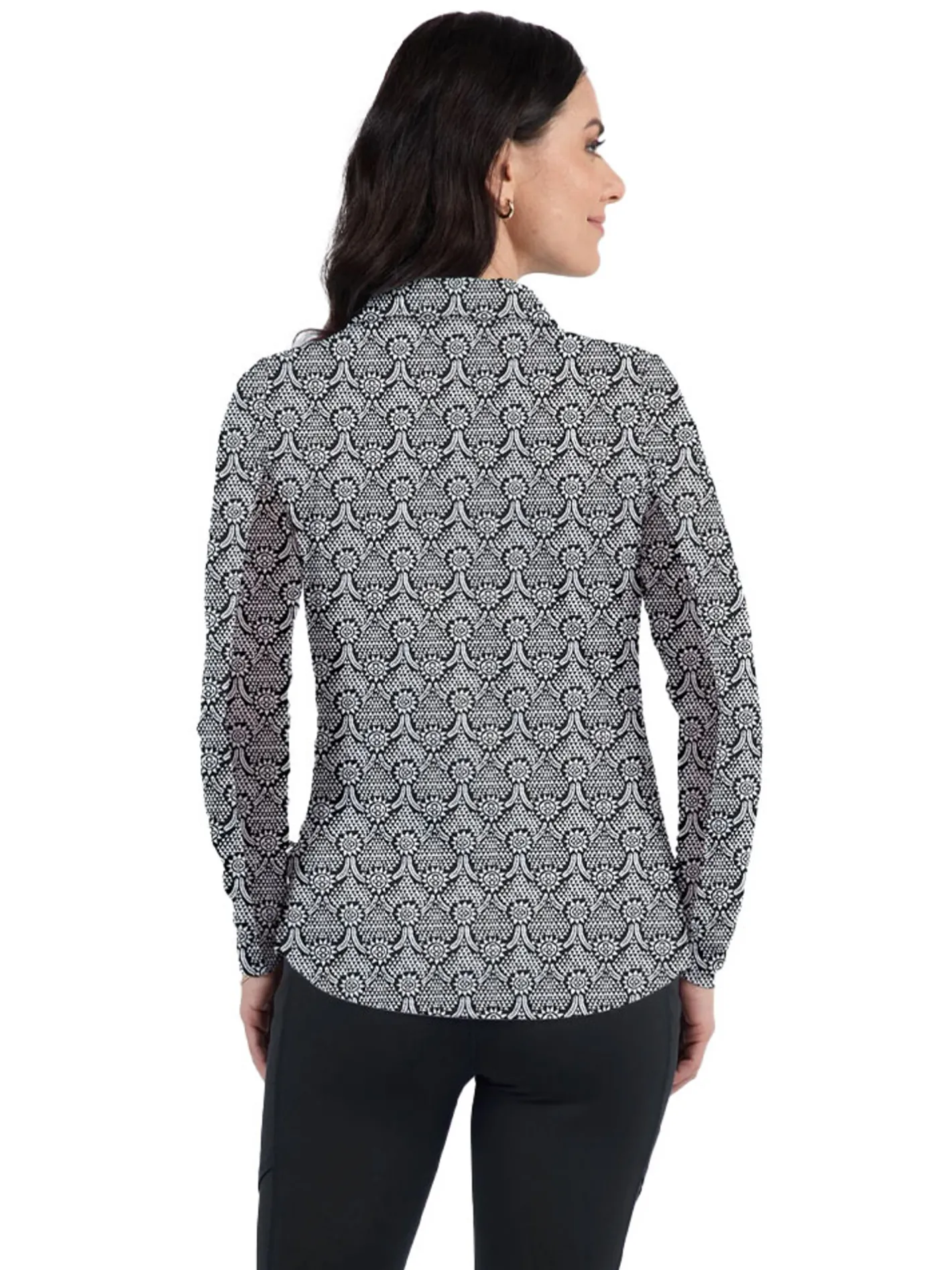 Women IBKUL Leslie Print Long Sleeve Zip Polo - Black/White