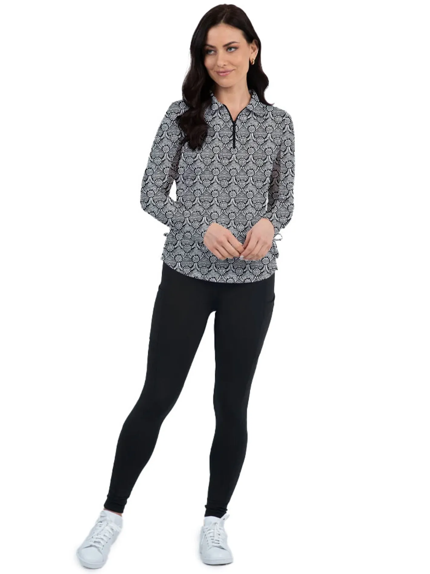Women IBKUL Leslie Print Long Sleeve Zip Polo - Black/White