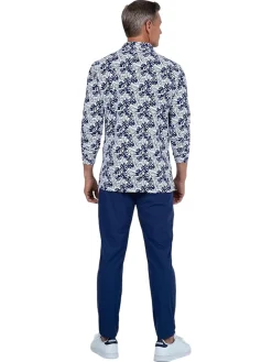 IBKUL Palm Leaf Print Long Sleeve Polo - White/Ink