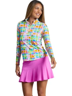 Women IBKUL Tatiana Print Long Sleeve Mock Neck Top - Hot Pink Multi