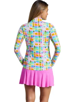 Women IBKUL Tatiana Print Long Sleeve Mock Neck Top - Hot Pink Multi