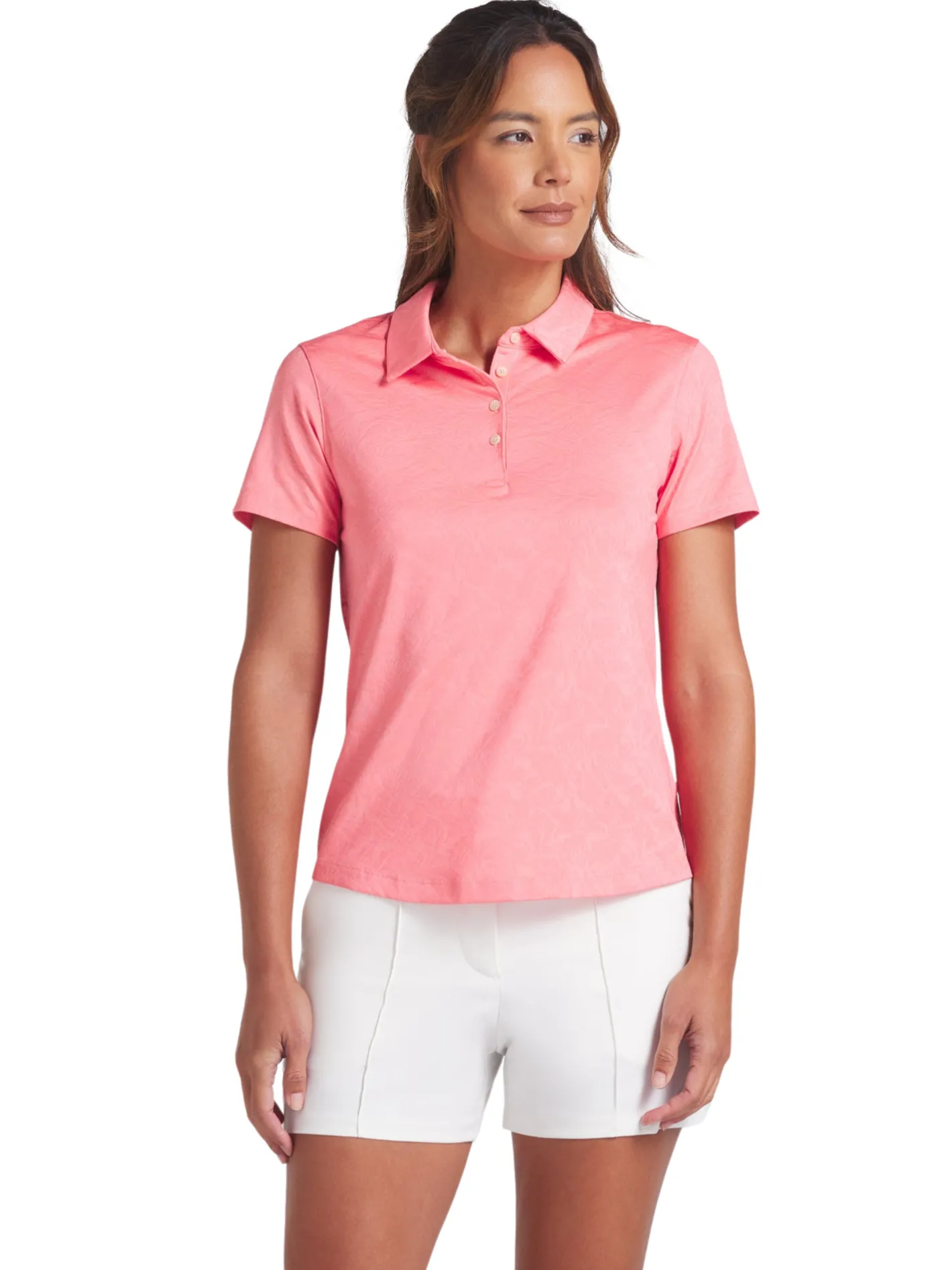 Women Puma Womens MATTR Lianas Jacquard Golf Polo - Peach Frost
